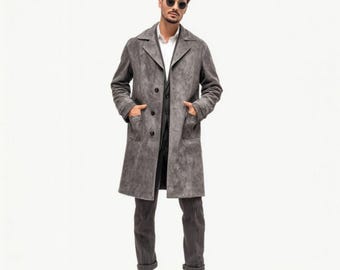 Men’s Grey Suede Leather Trench Coat | Vintage Long Overcoat | Classic Button Closure Outerwear