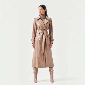 Women’s Handmade Long Brown Leather Coat – Double Breasted Trench Style Jacket – Genuine Leather Belted Winter Outerwear