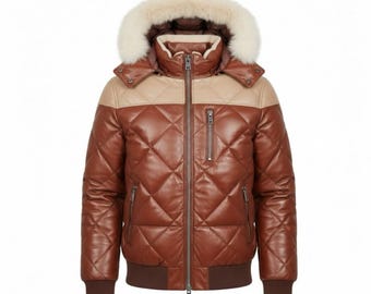 Men’s Brown Leather Quilted Jacket – Hooded Puffer Winter Coat with Faux Fur Trim