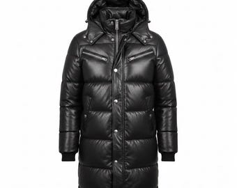 Men’s Black Leather Long Puffer Coat with Hood – Genuine Leather Winter Parka, Quilted Warm Outerwear