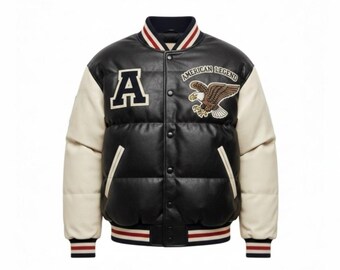 Men’s Leather Varsity Jacket – Black Puffer Letterman Jacket with Eagle Patch, Winter Streetwear Bomber