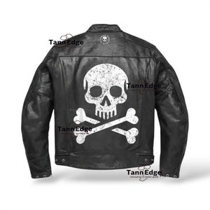 Handmade Motorcycle Jacket – Black Leather Biker Jacket with Bone Print – Vanson-Inspired Punk Rock Gear