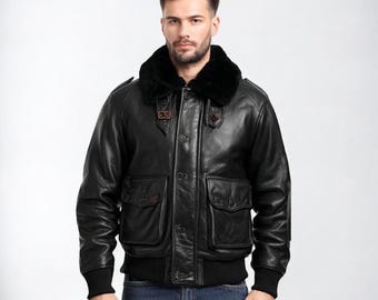 Men’s Leather Bomber Jacket with Shearling Collar | Vintage Aviator Flight Jacket | Classic Military Style Outerwear