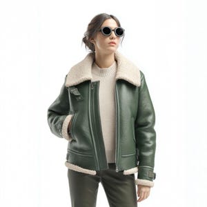 Women’s Handmade Green Leather Bomber Jacket – Shearling Aviator Flight Coat with Faux Fur Lining – Winter Pilot Outerwear Gift