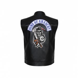 Chaleco de cuero con parche en la espalda / Chaleco de motociclista para hombre inspirado en SOA / Chaqueta negra estilo club de motociclistas