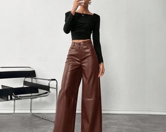 Real Leather Trousers Women Brown, Wide Leg High Waist Pants, Sophisticated Minimal Fashion