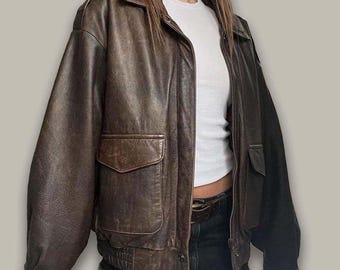 Women's Vintage Brown Leather Bomber Jacket: 90s Aviator Coat
