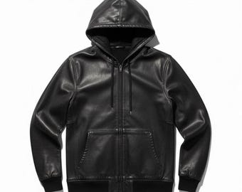 Men’s Vintage Black Leather Hoodie Jacket | Real Distressed Zip-Up Outerwear | Casual Street Style