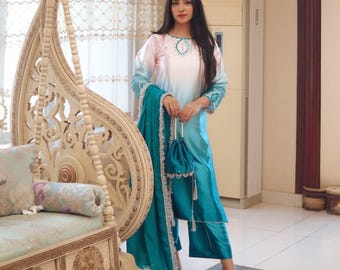 Pakistani Sheesha Silk Suit Set for Women | Handmade Kurta Plazo Dupatta | Elegant Formal Wear | Festive Party Outfit