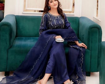 Pakistani 3 Piece Pure Silk Suit Navy Blue, Embroidered Shirt Trouser Dupatta Set, Indian Wedding Guest Outfit, Modest Formal Wear