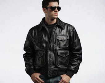 Men’s Leather Bomber Jacket | Vintage Aviator Flight Jacket | Retro Military Style Genuine Leather Outerwear
