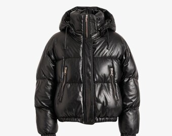 Men’s Black Leather Puffer Jacket | Real Leather Quilted Winter Coat | Hooded Bubble Outerwear