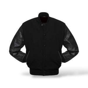 Handmade Classic Black Varsity Jacket – Retro Wool Bomber with Leather Sleeves – Unisex Fit Gift For Him