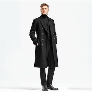 Men’s Wool Long Trench Coat – Classic Full Length Overcoat – Winter Warm Formal Coat In Black