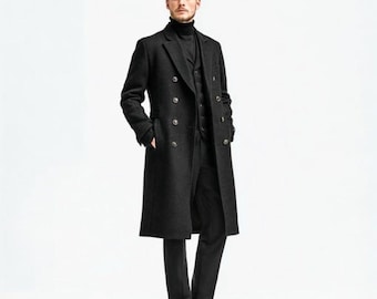 Men’s Wool Long Trench Coat – Classic Full Length Overcoat – Winter Warm Formal Coat In Black