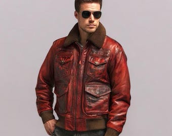 Men’s Leather Bomber Jacket with Shearling Collar | Vintage Aviator Flight Jacket | Classic Military Style Outerwear