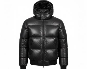 Men’s Black Leather Puffer Jacket with Hood – Genuine Leather Winter Bomber, Quilted Warm Zip-Up