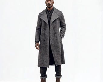 Men’s Grey Wool Long Trench Coat – Classic Full-Length Overcoat – Winter Warm Formal Coat