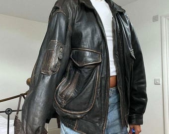 Vintage Oversized Black Leather Jacket Women 90s Genuine Leather Bomber Coat Retro Grunge Streetwear Oversize Outerwear