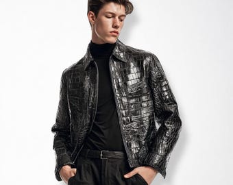 Crocodile Pattern Leather Jacket for Men – Genuine Exotic Style Biker Coat – Luxury Vintage Motorcycle Outerwear