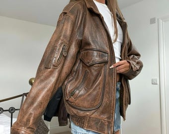 Vintage Oversized Brown Leather Jacket Women 90s Genuine Leather Bomber Coat Retro Grunge Streetwear Oversize Outerwear