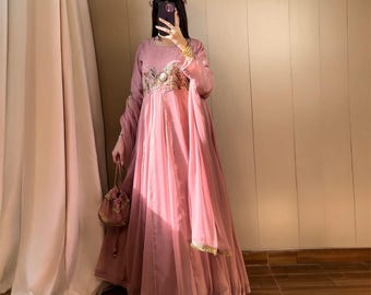 Hand Embroidered Pink Maxi Dress Set, Pakistani Silk Gown with Dupatta, Formal Party Wear, Modest Wedding Outfit Women