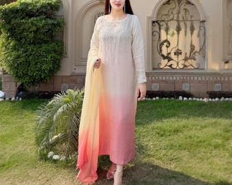 Handmade Pakistani Suit 3 Piece Set, Embroidered Silk Kurta Trouser Dupatta, Modest Indian Dress, Festive Eid Wear