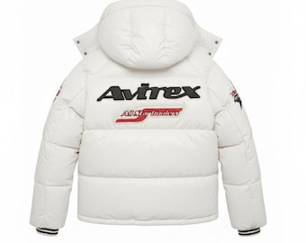 Vintage Avirex Real Leather Jacket — White Hooded Puffer, Men’s Bomber Style Winter Coat