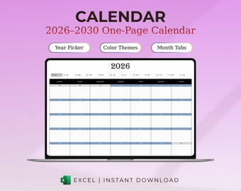 2026-2030 Calendar Excel, 5 Year One Page Yearly Planner Template