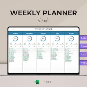 Peut inclure: Un écran d'ordinateur portable affichant un modèle de planificateur hebdomadaire. Le planificateur présente des listes de tâches quotidiennes et des indicateurs de progression. Le texte "WEEKLY PLANNER" et "Simple" sont visibles. Avec "Facile à utiliser" et "Suivi visuel".