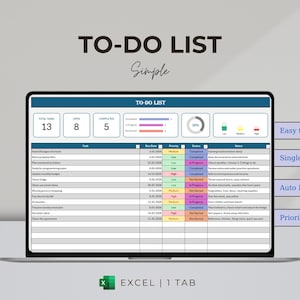 May include: A laptop screen displaying a digital to-do list template. The screen shows a table with task details, due dates, and status indicators. The text "TO-DO LIST Simple" is at the top. Features include "Easy to Use", "Single Tab", "Auto Progress", and "Priority Levels".