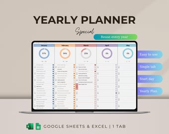 Yearly Planner Google Sheets & Excel | Annual Task List | 12-Month Task Tracker