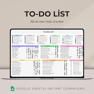 May include: A digital to-do list displayed on a laptop screen. The list is organized by day, week, month, and year, with checkboxes for task completion. The top of the screen reads "TO-DO LIST" and "All-in-one task tracker". The bottom of the screen reads "GOOGLE SHEETS | INSTANT DOWNLOAD".