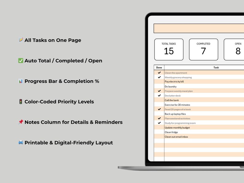 Visual Display Task List Daily To-do List Excel Template | Simple Task Tracker With Progress Bar ...