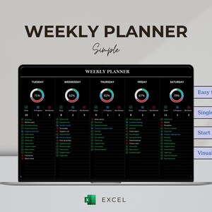 Puede incluir: Un ordenador portátil negro que muestra una plantilla de planificador semanal con el texto "WEEKLY PLANNER Simple". El planificador muestra gráficos de progreso diario y listas de tareas. Incluye "Easy to Use", "Single Tab", "Start Day" y "Visual Tracker".