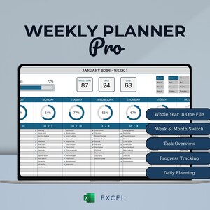 May include: A laptop screen displaying a digital weekly planner titled "WEEKLY PLANNER Pro." The planner shows a calendar layout with task lists, progress tracking, and the Excel logo. Features include whole year in one file and daily planning.