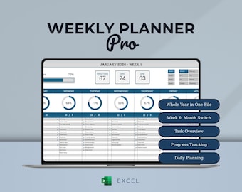 Weekly Planner Excel Spreadsheet | Daily Task Tracker, Progress Dashboard (Digital Download)