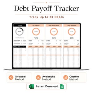 May include: A digital Debt Payoff Tracker spreadsheet displayed on a laptop screen, featuring an overview section, progress charts for 30 debts, and payment tables. Below are buttons for Snowball, Avalanche, and Custom methods, plus Instant Download.