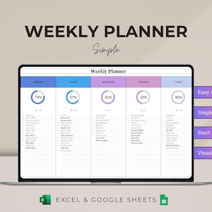 Puede incluir: Una computadora portátil muestra una plantilla de planificador semanal con secciones para cada día, codificadas por colores en azul, morado y rosa. El texto "WEEKLY PLANNER" y "Simple" están en la parte superior. Incluye "Easy to Use".