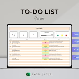 May include: A laptop screen displays a digital to-do list titled "TO-DO LIST Simple." The list shows 15 total tasks, 7 completed, and 8 open. Features include auto progress, priority levels, and a single tab. The Excel file is easy to use.