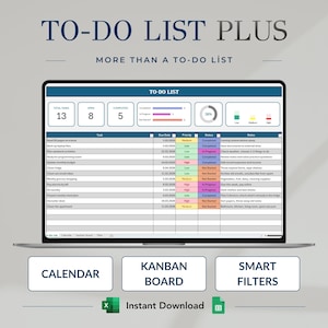 May include: A digital task management spreadsheet displayed on a laptop screen titled TO-DO LIST PLUS. The interface features a dashboard with task counts, progress bars, and a priority legend, followed by a detailed table with columns for task, due date, priority, status, and notes.
