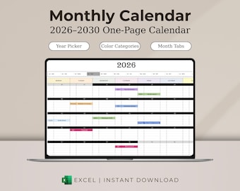 Year at a Glance Calendar Excel, Monthly Calendar, Yearly Planner