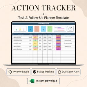 May include: A digital action tracker task and follow-up planner template displayed on a laptop screen. The spreadsheet includes columns for action description, category, priority, responsible person, dates, and status with colorful data charts.