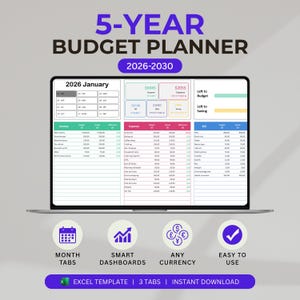 以下が含まれることがあります： 2026年から2030年までの5年間の予算プランナーを表示するラップトップ。画面には、収入、支出、貯蓄のセクションを含む詳細な財務スプレッドシートが表示されます。ラップトップの下のアイコンは、月タブ、スマートダッシュボード、任意の通貨、使いやすさを示しています。
