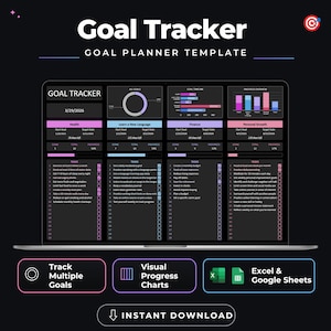May include: A digital goal tracker template displayed on a laptop screen, featuring sections for health, language learning, finance, and personal growth. The interface includes progress charts, task lists with checkboxes, and date fields. Text includes Goal Tracker, Goal Planner Template, Track Multiple Goals, Visual Progress Charts, Excel & Google Sheets, and Instant Download.