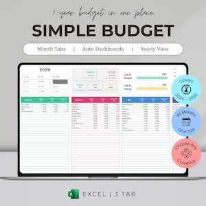 Puede incluir: Una pantalla de portátil muestra una hoja de cálculo de presupuesto con el texto "SIMPLE BUDGET". La hoja de cálculo está organizada con pestañas mensuales, paneles automáticos y una vista anual. El texto adicional incluye "5-year budget in one place" y "EXCEL | 3 TAB".