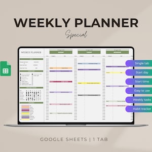 May include: A digital weekly planner displayed on a laptop screen. The planner features a clean, organized layout with color-coded sections for each day, and labels like "Single tab," "Start day," and "Habit tracker." The text "WEEKLY PLANNER Special" is at the top.
