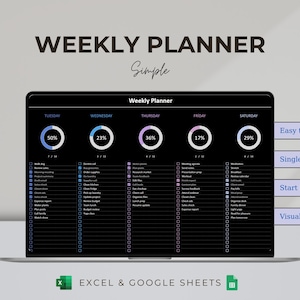 May include: A digital weekly planner displayed on a laptop screen. The planner features a black background with white text, including the title "WEEKLY PLANNER" and daily task lists. Percentage progress indicators are shown for each day. The planner is designed for use with Excel and Google Sheets.
