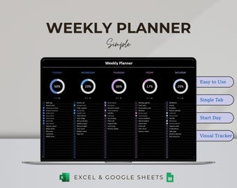 Weekly Planner Excel & Google Sheets | Visual Task Tracker | Dark Theme