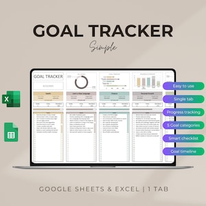 May include: A laptop displays a goal tracker template with sections for health, language learning, finance, and personal growth. The screen shows charts and checklists. Text on the screen includes "Easy to use," "Single tab," and "Goal timeline."